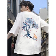 Men's and Women's Short Sleeve Cherry Tree and Fox T-Shirt Bst3158 Unisex Round Neck