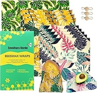 Envoltura Verde Reusable Beeswax Food Wraps 9 Pack, Organic Beeswax Wraps, Eco-Friendly Wax Wrap Sandwich Food Storage Lids, Washable Wax Wraps with Sealing String Three Sizes, Sustainable Gift