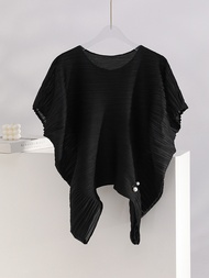 40681 One Size (45-75kg) Peplum Top Summer WomenS Horizontal Fold Loose Plus Size Crew Neck Pullover