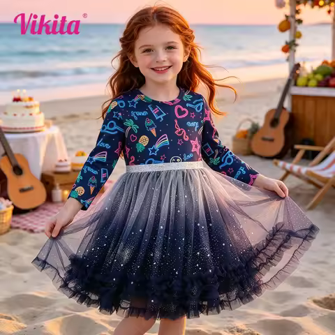Girls Long Sleeve Polyester Tutu Dress Kids Gradient Star Glitter Silver Waistband Holiday Beach Bir