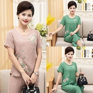 FC Linen And Cotton Blend Set Rose Pattern Shirt + 2-Color Five-Point Pants Fashion