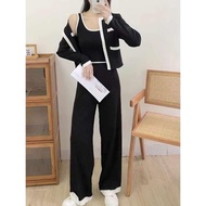 40412 Sharona Knitted 3pcs Set of Knitted cardigan tank top pants Imported Culottes