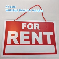 A4 size 29.7cm x 21cm RED For rent big Signage Untuk sewa Thick Plastic Gate Sign Door Sign Shop Sig