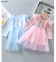 AISAMEFE New Long Sleeve Frozen Dress European and American Style Star Mesh Elsa Dress Frozen 2 Princess Dress For Kids Girl Clothes 1-8Y