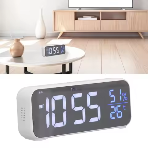 USB Charging Digital Alarm Clock Black White Temperature Display Music Alarm Clock LED Screen Mirror