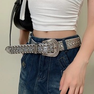 Silver y2k Diamond-Studded Belt Female Unique Fashion American Retro Jeans Wide Belt