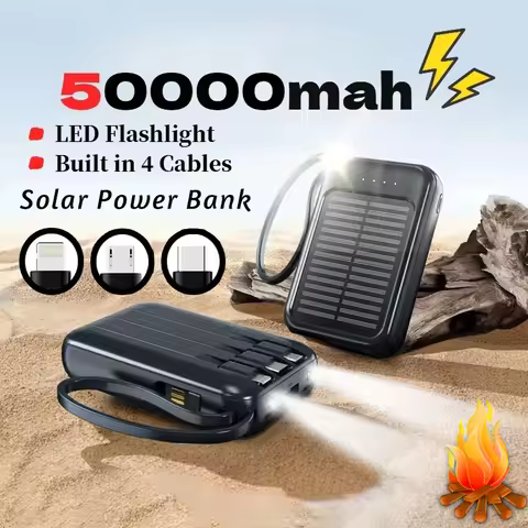 50000mAh High Capacity Solar Power Bank Built in Cable Solar Charger 2-USB Ports External Charger Po