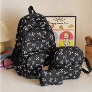 3pcs Nylon Bow Print Backpack Set, Foldable Multi-Po Cket Large CapacityWater-Resistant Zipper Backp