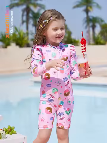 Children's Swimming Suit Girl's Long Sleeved UV Resistant One-Piece Swimsuit Girl's Baby Beach Vacat