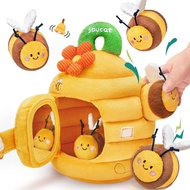 JoyCat 6 Months Baby Toys, Flower-Shaped Honeycomb Equipped with 5 Sensory Plush Bees, Including Rin