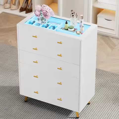 30.7"W LED Glass Top 5-Drawer Dresser Jewelry Display Bedroom Closet Living Room White, Customized