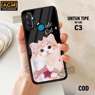 HP Realme Case C3 - New Case Glossy casing Realmehp C3 [CUTE CAT Motif] - AGM Case softcase glass Re