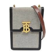 Burberry 金扣灰帆布拼黑配皮斜挎手機包