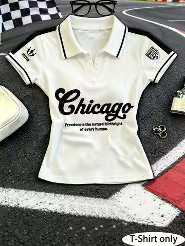Women Y2K Cropped Polo Shirt, Chicago Letter Slogan & Double‑Sleeve Badge Print Short Sleeve, Daily