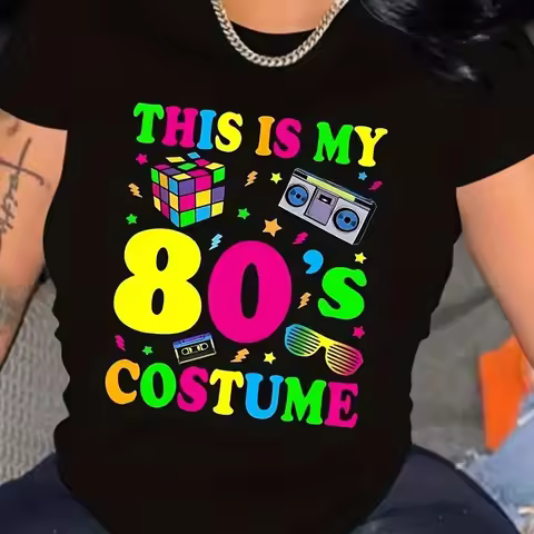 Fashion Vintage 80s This is my 80s Printed Lady O-Neck Short Sleeve Women's T Shirt Black White Shor