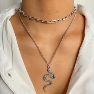 Paper Clip Chain and Snake Pendant Necklace Double Layered Necklace Fashion Snake Necklace