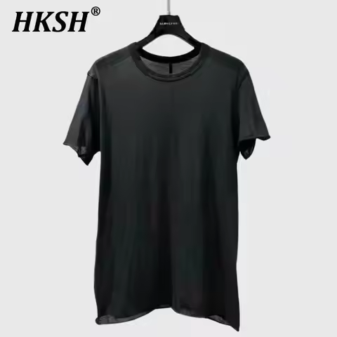 HKSH Summer New Men's Tide Elegant Fashion Dark Solid Color Cotton Slim O-Neck Loose Chic Casual Sho