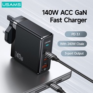 USAMS PD 140W GaN Charger UK EU Plug Quick Charger Portable Phone Charger With 240W Type C To Type C