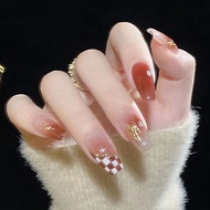 【With Glue】24Pcs Women False Nails Tips Beads Decor Bride Quick Remove Fake Nails