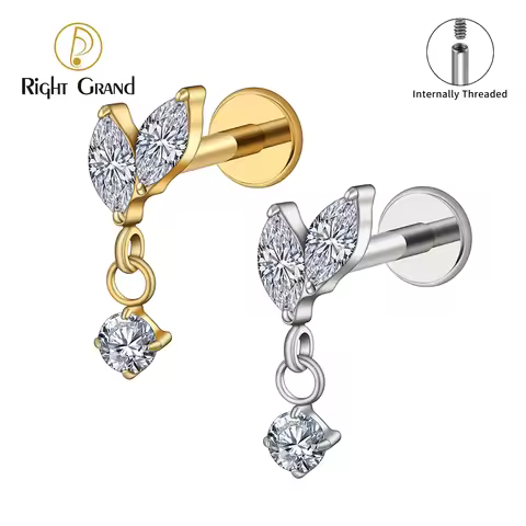 Right Grand ASTM F136 Titanium Double Marquises with CZ Dangle Stud Earring Cartilage Helix Tragus F