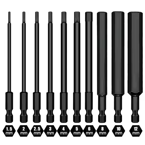 10pcs Hex Head Allen Wrench Drill Bit Set 100mm S2 Steel Allen Screwdriver Bits 1.5 to 12mm SAE Metr