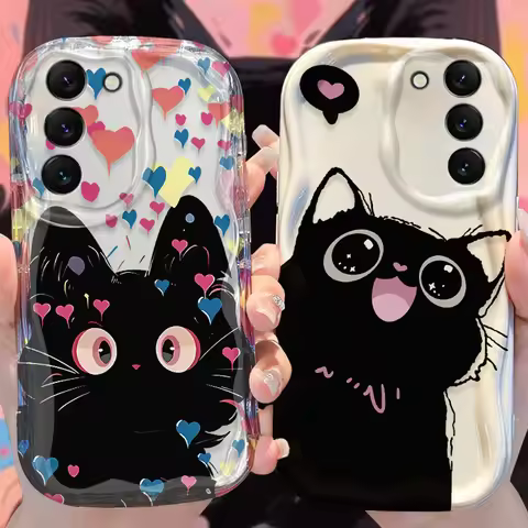 Black Cat Wave Case for Samsung Galaxy S24 S23 S22 S21 Ultra Plus S20 FE A73 A72 A71 A55 A54 5G A53 