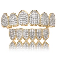 LKV 14K Plated Gold Diamond Grills for Men Women Gold Grills Teeth All iced out CZ Top and Bottom Va