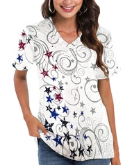 4th of July Patriotic Shirt for Women American Flag Clothing Summer V Neck Short Sleeve USA Outfit T