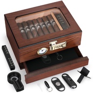Scotte Cigar Humidor, Cedar Wood Cigar Humidor Box with Hygrometer Accessories Drawer, Glass Top and
