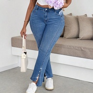 Plus Size Stretchy Flare Leg Denim Jeans, Blue Summer Vacation Woman 90s Spring For Women Y2k Cowgir