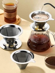304不銹鋼咖啡濾網,附底座,可重複使用的手沖咖啡濾杯,內設雙層細緻網眼。