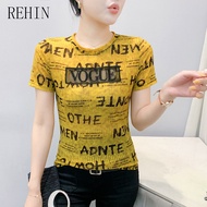 Rehin lưới mùa hè in chữ cái Rhinestone t-shirt cổ tròn Hollow kẻ sọc ngắn tay thoáng khí giản dị hà