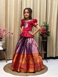 (Pre-order) BACK IN STOCK     Kids New south Indian traditional pattu pavadai Cotton Silk Lehenga ch