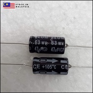 Elum, 47uF 63V 105°C, Axial Leaded, Electrolytic Capacitor, 8mm x 16mm