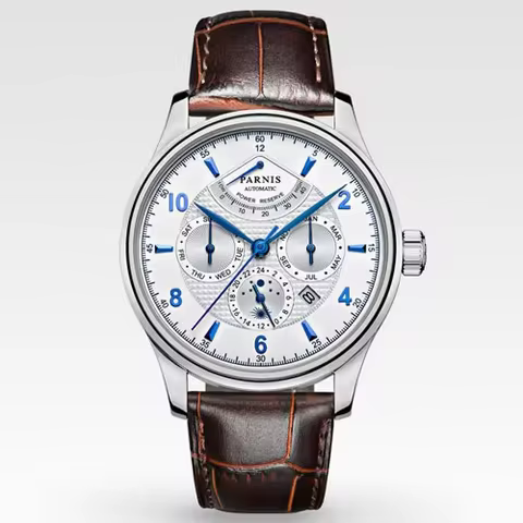 Parnis 26 Jewels Luxury 42mm Moon Phase Automatic Men Watches Leather Strap Miyota 9100 Blue DIal Po