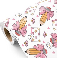 WRAPAHOLIC Back to School Wrapping Paper Roll - Mini Roll - 17 Inch x 16.5 Feet - Cute Bow Pencil an