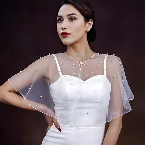 Wedding Jacket Pearls Beaded Top Removable Bolero Wedding Accessories Bridal Tulle Short Detachable 