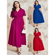 Surplice V-neck Elastic Sleeve Garter Waist Plus Size Maxi Dress Casual Church Outfit A3234