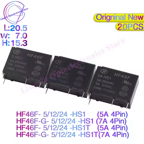20Pcs/lot HF46F -G- 5/12/24 -HS1 -HS1T 7A 5A 4Pin 250VAC 30VDC DC 5V 12V 24V Power Relays HF46F-12-H