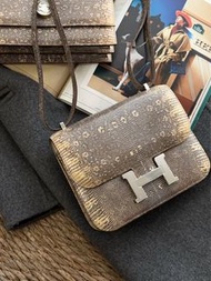 Hermes 爱马仕康康19原色蜥蜴皮银扣