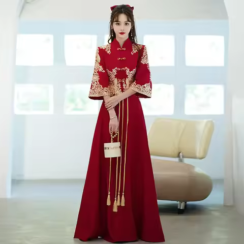 Chinese Style Burgundy Cheongsam Lady Tassels Qipao Large Size 6XL 7XL 8XL Formal Party Dress Elegan
