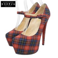 二手 Christian Louboutin Mary 格紋帆布厚底高跟鞋，女款RED