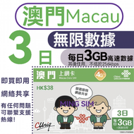 中國聯通 - 【澳門】3日 3GB高速丨電話卡 上網咭 sim咭 丨即買即用 無限數據 網絡共享 4G網絡全覆蓋