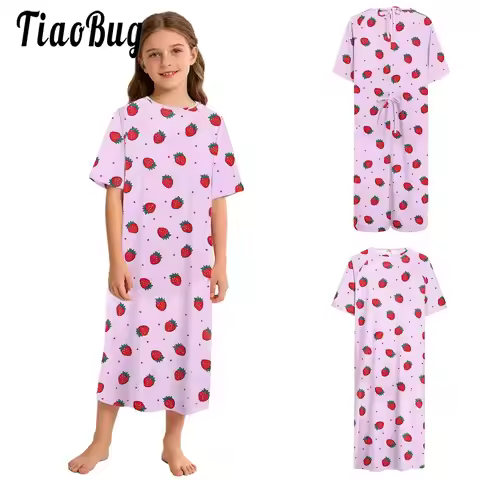 Kid Girls Loose Nightgowns Sleepwear Pediatric Medical Patient Gown Press Button Short Sleeves Back 