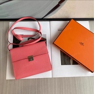 HERMES Clic16粉色銀扣 山羊皮單肩斜挎包