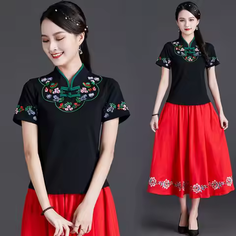 Chinese Style Clothing Women Vintage Floral Print Qipao Tops Hanfu Tee Shirt Qi Pao Tang Suit Blouse