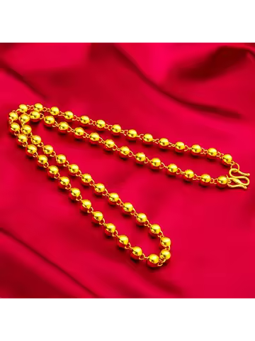 24K Gold AU999 Men 8mm Polished Bead Necklace 60cm - Premium polish craft, 8mm medium beads, 60cm fo
