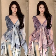 🌸MiHo🌸[ready stock in Malaysia] Baju Kemeja Perempuan Glamorous Blouse Tie Dye Contrast Mesh Front F