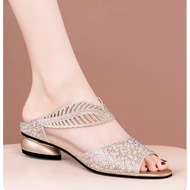 [AY] 2025 Summer Genuine Leather Gauze Sandals Women Thick Heel Flat Low Heel Fashion Rhinestone Out