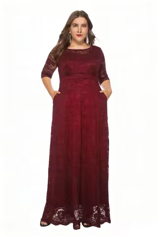 Plus Size O Neck 3/4 Sleeve Long Dress Elegant Party Evening Bridesmaid Dresses For Women